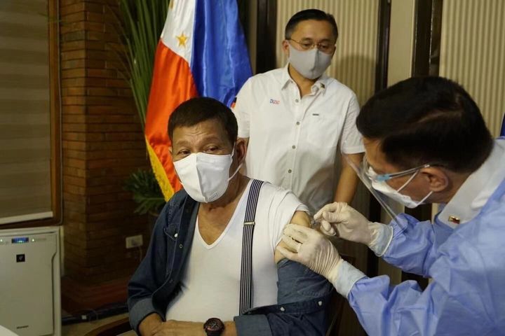 Philippine President Rodrigo Duterte received his first dose of China's Sinopharm COVID-19 vaccine in May 3. On Tuesday, he threatened to order the arrest of Filipinos who refuse vaccination.