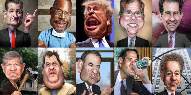 Top Row L-RTed CruzBen CarsonDonald TrumpJeb BushScott WalkerBottom Row L-RJohn KasichChris ChristieMike HuckabeeMarco RubioRand PaulThis caricature of Ted Cruz was adapted from a Creative Commons licensed photo from Jamelle Bouie's Flickr photostream.This caricature of Ben Carson was adapted from a photo in the public domain available via Wikimedia. This caricature of former Florida Governor Jeb Bush is a Creative Commons licensed photo from the The World Affairs Council's Flickr photostream. This caricature of Donald Trump was adapted from Creative Commons licensed images from Gage Skidmore's flickr photostream: face and body.This caricature of Wisconsin Governor Scott Walker is adapted from a Creative Commons licensed photo the Milwaukee VA Medical Center's Flickr photostream. This caricature of Mike Huckabee was adapted from a Creative Commons licensed photo from IowaPolitics Flickr photostream. Mike Huckabee's body is adapted from a Creative Commons licensed photo from Miles Gehm's Flickr photostream. This caricature of Rand Paul was adapted from a Creative Commons licensed photo from Gage Skidmores's Flickr photostream.This caricature of Senator Marco Rubio was adapted from a photo in the public domain from the United States Senate website. This caricature of Chris Christie was adapted from a photo in the public domain from FEMA.This caricature of John Kasich of Ohio was adapted from a photo in the public domain available via Wikipedia.