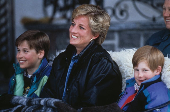 Princess Diana with her sons Prince William (left) and Prince Harry on a skiing holiday in Lech, Austria, on March 30, 1993.