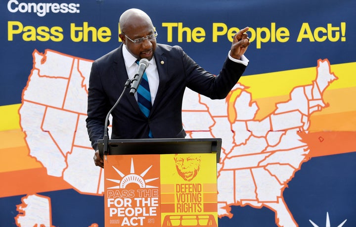 Senator Reverend Raphael Warnock (D-Ga.) speaks at a rally in front of the U.S. Supreme Court to call on the Senate to pass t
