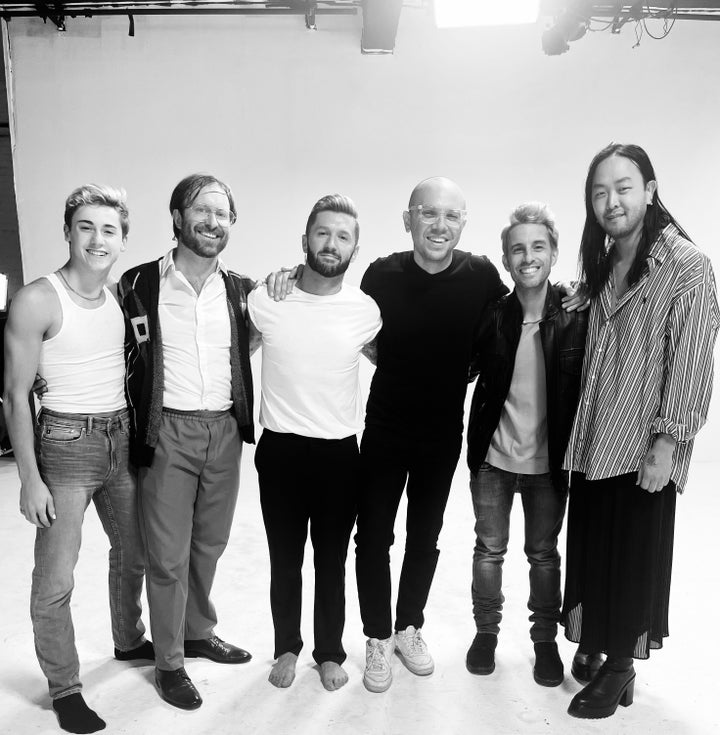 Aydin Eyikan (left), Colin Cunliffe, Travis Wall, Ian Axel, Chad King and Se Oh on the set of the "Boys in the Street" video.