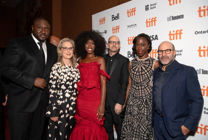 Nonso Anozie, Meryl Streep, Jessica Allain, Steven Soderbergh, Nikki Amuka-Bird and Scott Z. Burns at the premiere of “