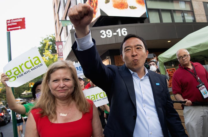 New York City mayoral candidates Kathryn Garcia and Andrew Yang campaign in Queens on Monday. Adams suggested that their collaboration was racist.