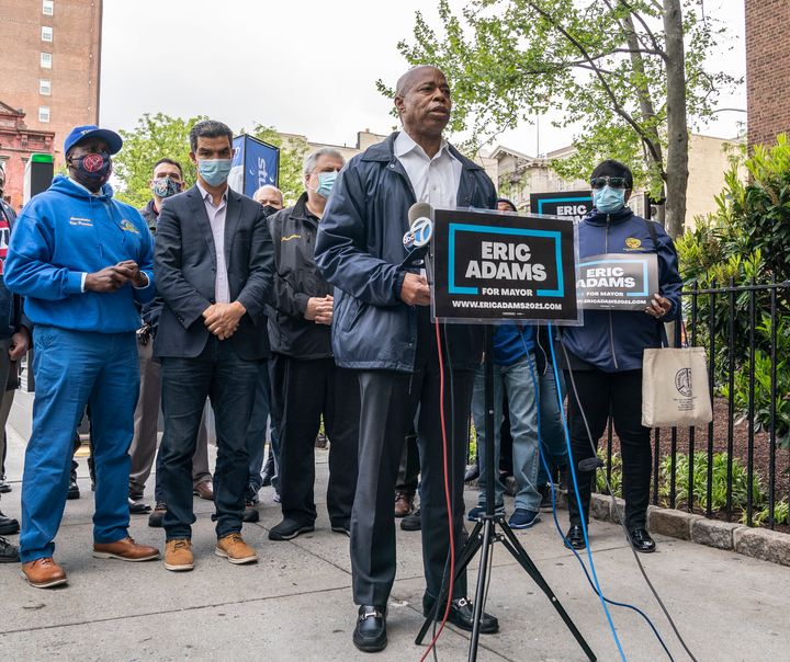 Eric Adams joins members of the Transport Workers Union to call for better policing on the subways. Adams's focus on crime and his support from organized labor were pillars of his bid.