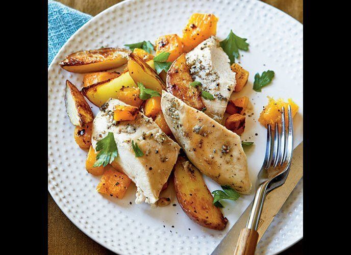 Roast Chicken with Potatoes and Butternut Squash