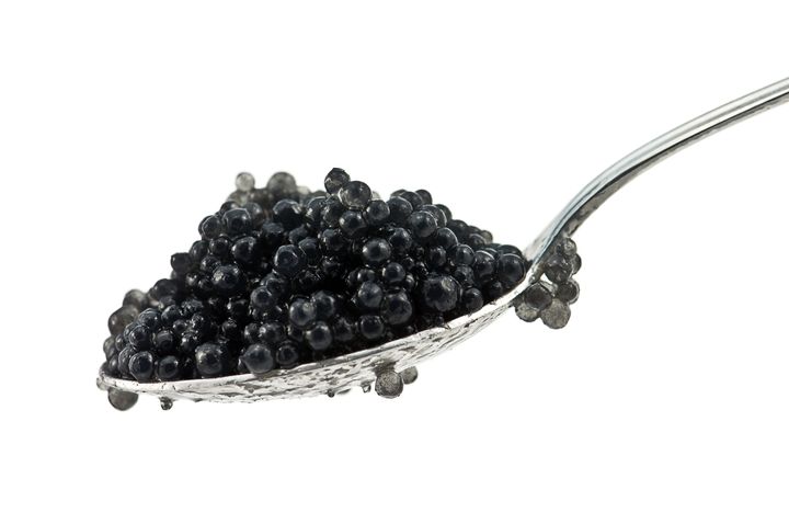 black caviar on spoon isolated