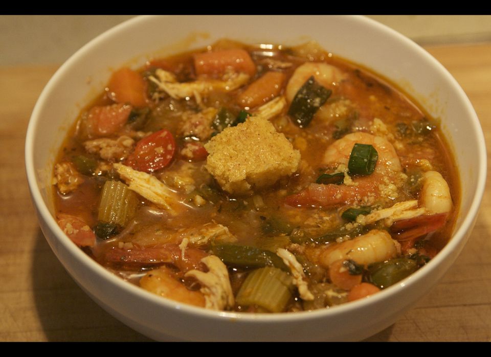 Chicken and Shrimp Gumbo with Cayenne Corn Muffin Croutons