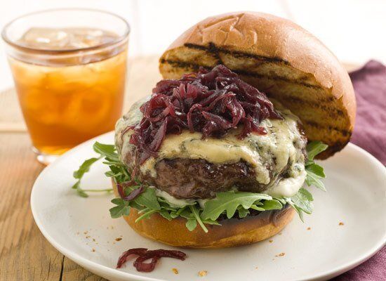 Beef Burgers with Red Onion Marmalade and Blue Cheese