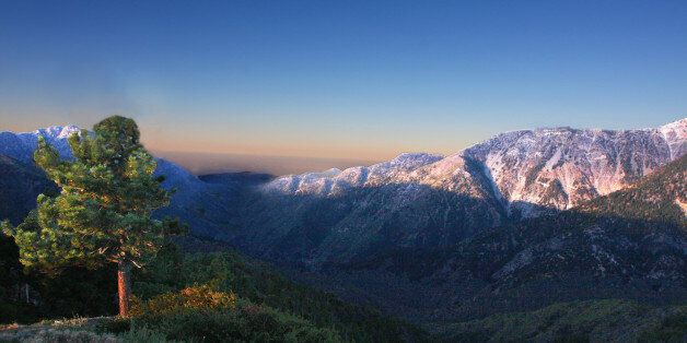 Looking into the San Gabriel Mountain wilderness, with the San Gabriel Valley in the distance.