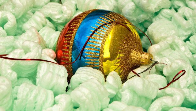 Colorful Christmas decoration ball stored in packing material