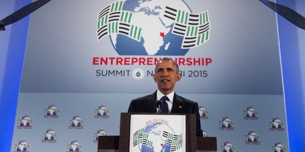 US President Barack Obama speaks during the Global Entrepreneurship Summit at the United Nations Compound in Nairobi on July 25, 2015. The sixth annual summit will highlight investment, innovation and entrepreneurship in sub-Saharan Africa. AFP PHOTO / SAUL LOEB (Photo credit should read SAUL LOEB/AFP/Getty Images)