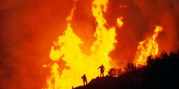 Fire fighters and flames, Big Sur, California