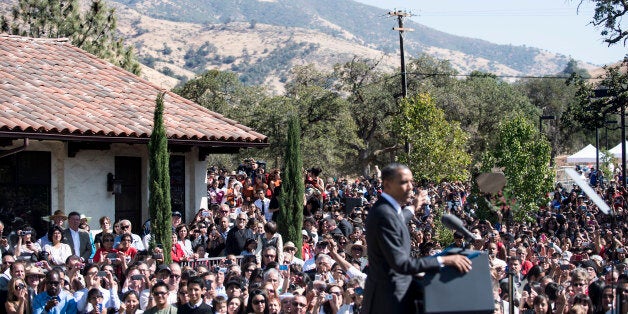 US President Barack Obama speaks at the establishment of the Chavez National Monument October 8, 2012 in Keene, California. Obama is on a three day trip where he will campaign in California and Ohio as well as attend the establishment of the Cesar E. Chavez National Monument. AFP PHOTO/Brendan SMIALOWSKI (Photo credit should read BRENDAN SMIALOWSKI/AFP/GettyImages)