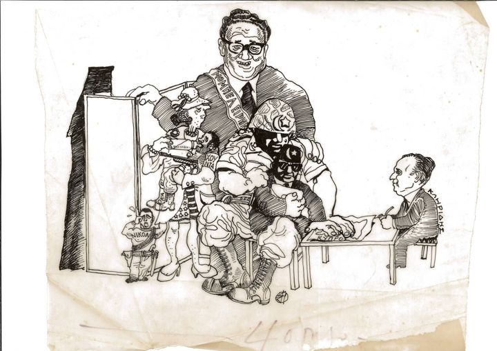 Πολιτικό σκίτσο μετά τη Β΄ τουρκική εισβολή στην Κύπρο, 20 Χ 25 εκ., μελάνι σε διαφανές χαρτί, 1974