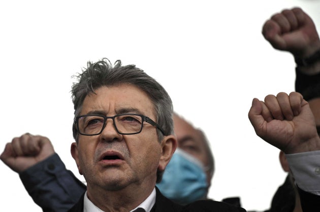 Jean-Luc Mélenchon lors de son 1er meeting de campagne présidentielle à Aubin, le 16 mai 2021.