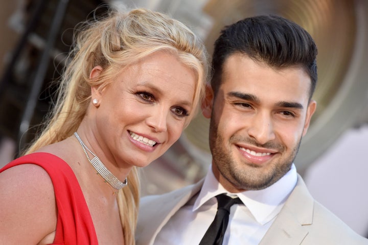 Britney Spears and Sam Asghari attend the premiere of "Once Upon a Time ... in Hollywood" on July 22, 2019, in Hollywood, California.