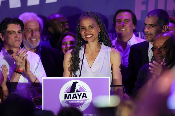 Maya Wiley addresses supporters at an evening gathering on Tuesday. The progressive favorite outperformed expectations and ha