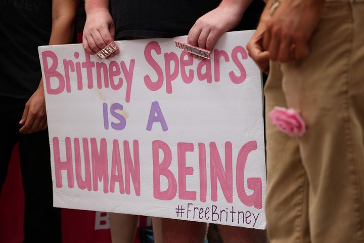 Activists protest at Grand Park during a conservatorship hearing for Britney Spears on June 23, 2021, in Los Angeles.