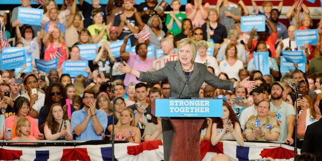 RALEIGH, NC - JUNE 22: Presumptive Democratic presidential nominee Hillary Clinton speaks during a campaign event at the North Carolina State Fairgrounds on June 22, 2016 in Raleigh, North Carolina. Clinton discussed her vision for America in the future and the issues she would tackle if elected president. (Photo by Sara D. Davis/Getty Images)