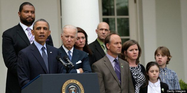 WASHINGTON, DC - APRIL 17: U.S. President Barack Obama, surrounded by family members of victims of gun violence, and joined by Vice President Joe Biden, makes a statement in the Rose Garden of the White House with Vice President Joe Biden on April 17, 2013 in Washington, DC. Earlier today the Senate defeated a bi-partisan measure to expand background checks for gun sales. (Photo by Win McNamee/Getty Images)