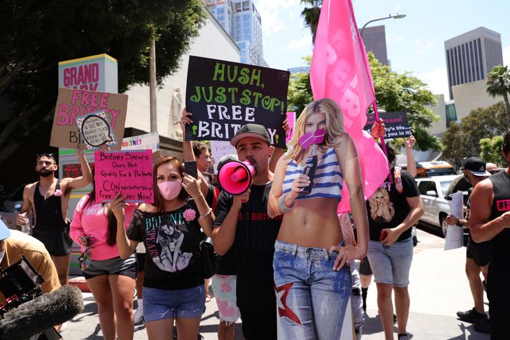 #FreeBritney activists protest at Los Angeles Grand Park during a conservatorship hearing for Britney Spears on June 23