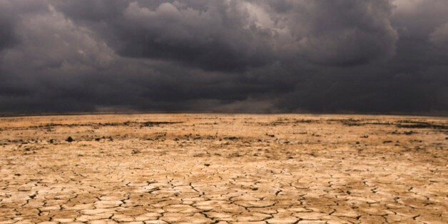 Cracked earth under cloudy sky in desert landscape