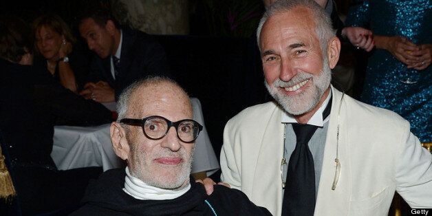NEW YORK, NY - JUNE 09: Playwright Larry Kramer (L) and David Webster pose for a picture on June 9, 2013 in New York City. (Photo by Mike Coppola/Getty Images for Tony Awards Productions)