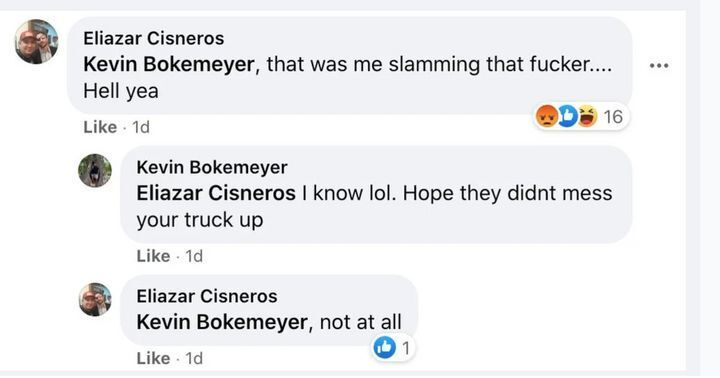 Eliazar Cisneros's Facebook boast after a "Trump train" chased down a Biden-Harris campaign caravan in Texas.