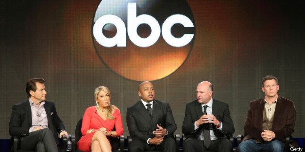 PASADENA, CA - JANUARY 10: (L-R) Hosts Robert Herjavec, Lori Greiner, Daymond John, Kevin O'Leary and Executive Producer Clay Newbill of 'Shark Tank' speak onstage during the ABC portion of the 2013 Winter TCA Tour at Langham Hotel on January 10, 2013 in Pasadena, California. (Photo by Frederick M. Brown/Getty Images)