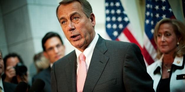 US House Speaker John Boehner, R-OH, speaks during a press conference in the US Capitol in Washington, DC on October 10, 2013. Republican leaders are to offer President Barack Obama a temporary deal to raise the US government's debt ceiling in exchange for budget negotiations, lawmakers said Thursday. 'Listen, it's time for leadership,' Boehner told reporters after meeting his party colleagues from the House of Representatives. AFP PHOTO/Mandel NGAN (Photo credit should read MANDEL NGAN/AFP/Getty Images)