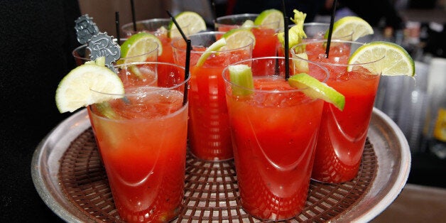 ASPEN, CO - DECEMBER 20: The St. Regis Signature Bloody Mary cocktails are served during 2013 World Snow Polo Championship on December 20, 2013 in Aspen, Colorado. (Photo by Jason Bahr/Getty Images for The St. Regis Aspen Resort)