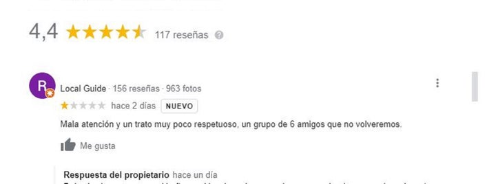 La crítica del usuario al bar.