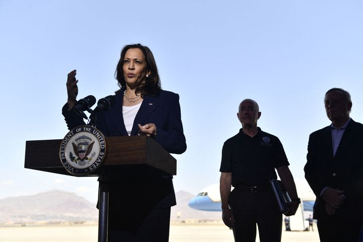 Vice President Kamala Harris speaks during a press conference at El Paso International Airport on Friday. 