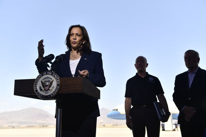 Vice President Kamala Harris speaks during a press conference at El Paso International Airport on Friday.&nbsp;