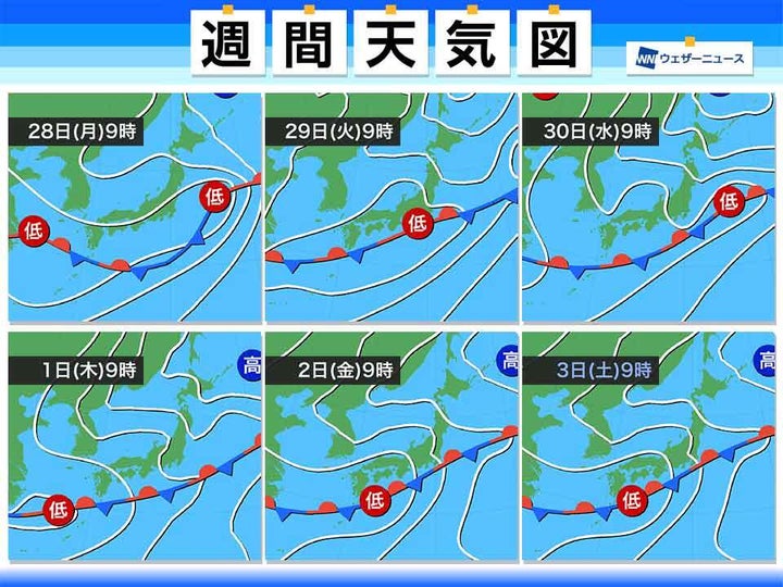 週間天気図 28日(月)～3日(土)