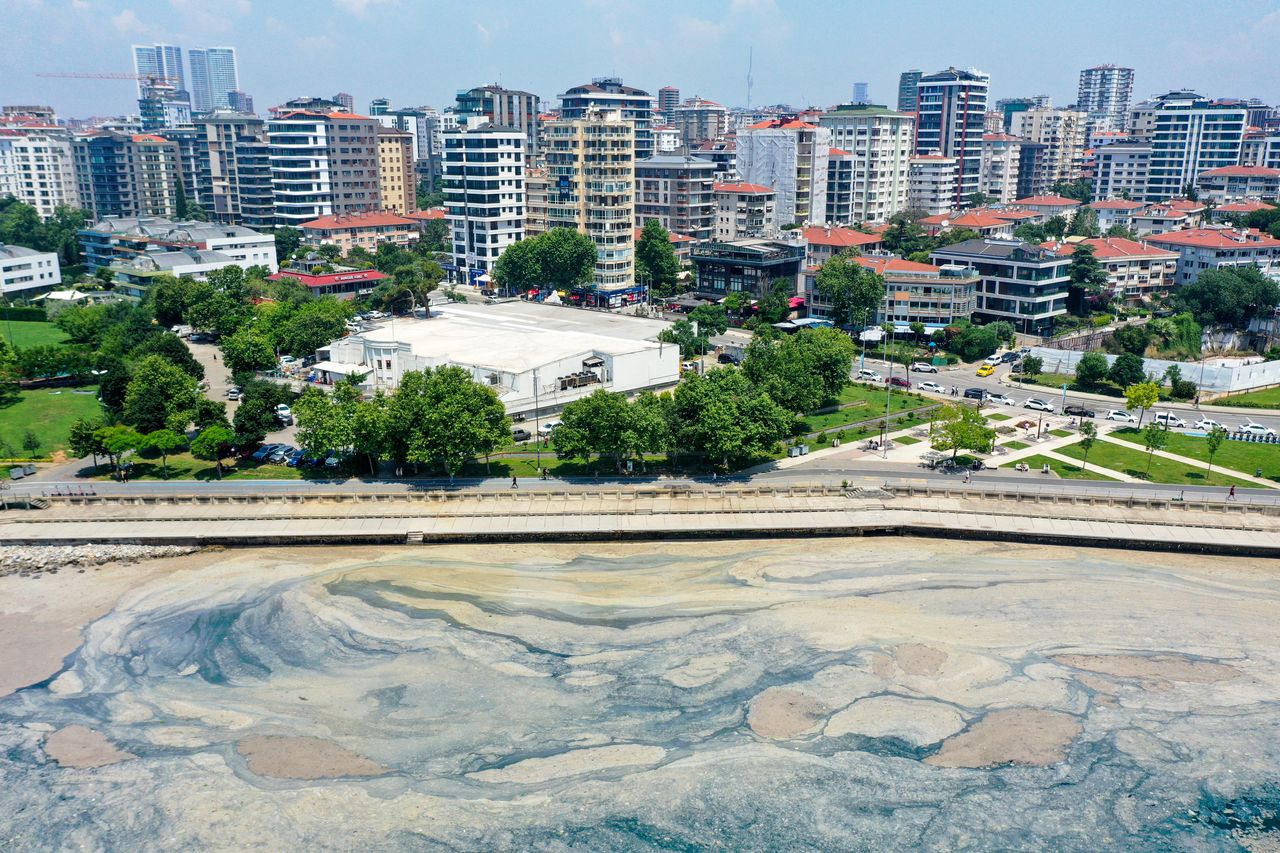 ISTANBUL, TURKEY - JUNE 25: A drone photo shows mucilage (sea snot) continuing to cover the surface of Marmara sea at the Caddebostan shore in Istanbul, Turkey on June 25, 2021. (Photo by Muhammed Enes Yildirim/Anadolu Agency via Getty Images)