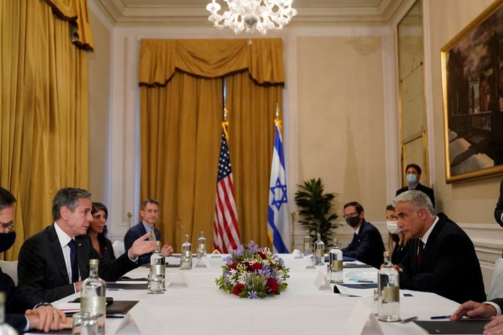 US Secretary of State Antony Blinken (2ndL) meets Israeli Foreign Minister Yair Lapid (R) in Rome, on June 27, 2021. - Israel