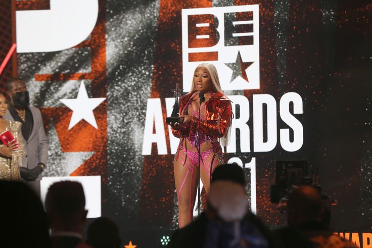 Megan Thee Stallion accepts the Viewer’s Choice Award onstage at the BET Awards 2021.