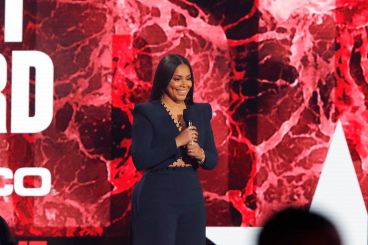 Lauren London speaks onstage at the BET Awards 2021.