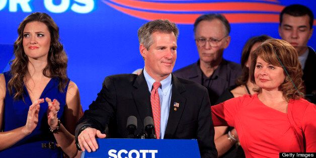 BOSTON - NOVEMBER 6: Senator Scott Brown conceded the election for United States Senate to his challenger, democrat Elizabeth Warren, at his election results rally at the Boston Park Plaza Hotel in downtown Boston on election day, Tuesday, November 6, 2012. (Photo by Dina Rudick/The Boston Globe via Getty Images)