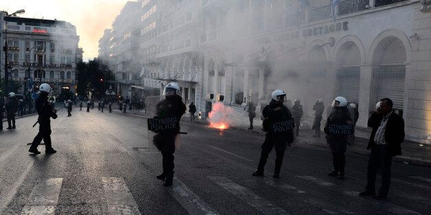 ATHENS, ATTICA, GREECE - 2016/05/08: Riot police officers are seen during clashes in Syntagma square. Demonstrations against further austerity in the Greek capital, Athens, were marked by minor clashes ahead of pensions and tax reforms parliamentary voting. (Photo by Gerasimos Koilakos/Pacific Press/LightRocket via Getty Images)