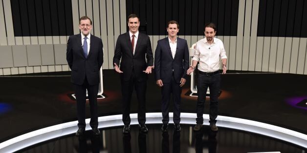 (L to R) Leader of the People's Party (PP) and Spain's caretaker Prime Minister and party candidate, Mariano Rajoy, Leader of Spanish Socialist Party (PSOE), Pedro Sanchez, Center-right party Ciudadanos leader and party candidate, Albert Rivera,(C), and Leader of left wing party Podemos and party candidate, Pablo Iglesias, pose prior to a televised debate at the congress centre IFEMA in Madrid on June 13, 2016 ahead of Spain's general election.Spain is holding its second elections in six months, on June 26, after being governed by a caretaker government with limited powers since the December 20 polls put an end to the country's traditional two-party system as voters fed up with austerity and corruption scandals flocked to new groups. / AFP / JAVIER SORIANO (Photo credit should read JAVIER SORIANO/AFP/Getty Images)