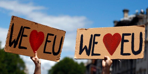 People hold banners during a 'March for Europe' demonstration against Britain's decision to leave the European Union, in central London, Britain July 2, 2016. Britain voted to leave the European Union in the EU Brexit referendum. REUTERS/Neil Hall
