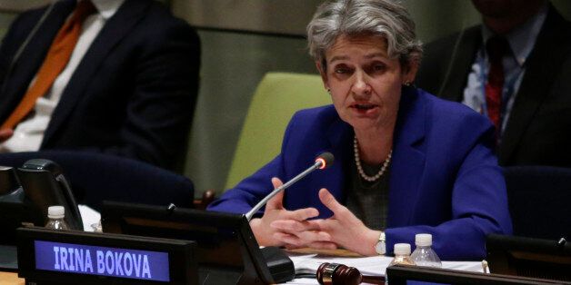 Irina Bokova, Director-General of UNESCO, speaks during the first-ever hearings of candidates seeking to become the next secretary-general at UN headquarters in New York on April 12, 2016.Over the next three days, eight contenders are expected to take the podium before the General Assembly's 193 nations to lay out their vision for the job and answer questions. The hearings are part of a broad push for transparency in the selection of Ban Ki-moon's successor, who will lead an organization of 40,000-plus employees with a budget of $10 billion. / AFP / KENA BETANCUR (Photo credit should read KENA BETANCUR/AFP/Getty Images)
