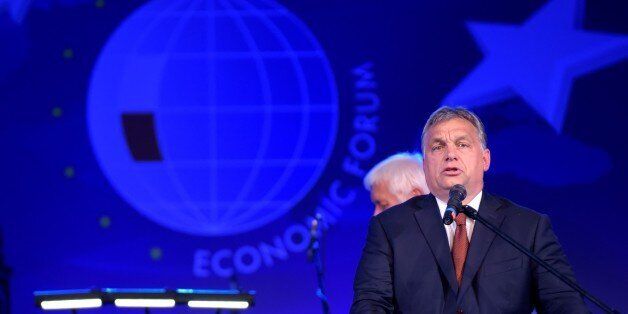 KRYNICA, POLAND - SEPTEMBER 06: The Hungarian Prime Minister, Viktor Orban gives a speech after he awarded as Man of the Year by the Programme Council of the Economic Forum at Krynica, Poland on September 06, 2016. (Photo by Omar Marques/Anadolu Agency/Getty Images)