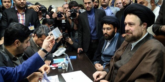 TEHRAN, IRAN - DECEMBER 18: Grandson of Iran's Ayatollah Ruhollah Khomeini, Hassan Khomeini (R) registers for February's election of the Assembly of Experts, the clerical body that chooses the supreme leader, in Tehran, Iran on December 18, 2015. The registration process for the Assembly of Experts will continue until December 23 and the registration process for those who wish to be appointed as nominees for the Parliamentary election will start on December 19. (Photo by Fatemeh Bahrami/Anadolu Agency/Getty Images)