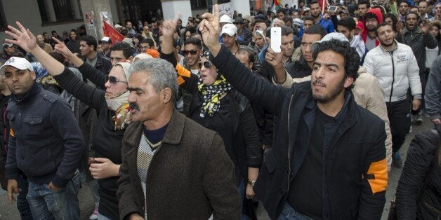 RABAT, MOROCCO - FEBRUARY 20: Moroccan supporters of the February 20 pro-reform movement take part in a demonstration to mark the fifth anniversary the movement's creation at the Bab el Ahad Square, on February 20, 2016 in the Moroccan capital Rabat. (Photo by Jalal Morchidi/Anadolu Agency/Getty Images)