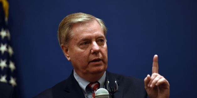 US senator Lindsey Graham gestures during a press conference with members of his Congressional delegation on April 3, 2016 in the Egyptian capital Cairo. / AFP / MOHAMED EL-SHAHED (Photo credit should read MOHAMED EL-SHAHED/AFP/Getty Images)