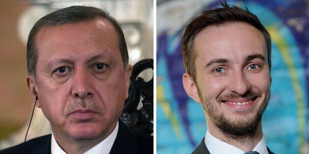 (FILES) This combo made with file pictures shows Turkish President Recep Tayyip Erdogan (L) in Lima on February 2, 2016 and German TV comedian Jan BÃ¶hmermann on February 22, 2012 in Berlin.German Chancellor Angela Merkel on April 15, 2016 authorised a Turkish demand for criminal proceedings against Boehmermann over a crude satirical poem about President Recep Tayyip Erdogan in a bitter row over free speech. / AFP / dpa AND AFP / Britta PEDERSEN AND SEBASTIAN CASTAÃEDA / Germany OUT (Photo credit should read BRITTA PEDERSEN,SEBASTIAN CASTANEDA/AFP/Getty Images)