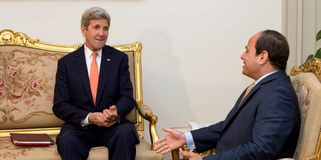 CAIRO, EGYPT - APRIL 20: Egyptian President Abdel-Fattah el-Sissi (R) meets with U.S. Secretary of State John Kerry at the Presidential palace April 20, 2016 in Cairo, Egypt. Kerry. The officials were to discuss bilateral ties and regional issues, according to reports. (Photo by Amr Nabil-Pool/Getty Images)